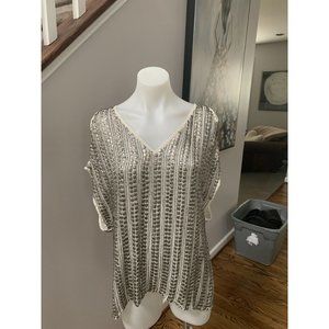Parker Womens Size L Embellished Beaded Sequin Cold Shoulder Silk Blouse Top
